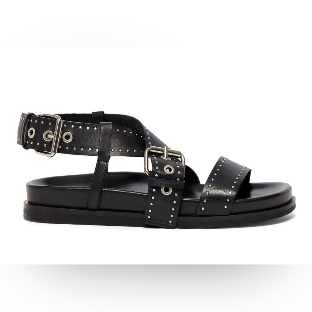All Saints Black Studded Leather Buckle Sandals
